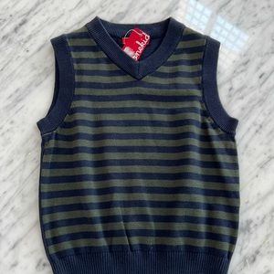 New One Kid brand V neck sweater vest in navy and green stripe